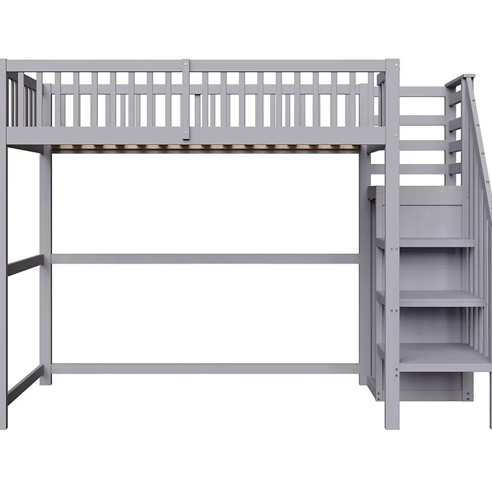 Lit Mezzanine enfant 90x200 cm avec Rangement, Escalier et Petit Dressing Intégré Bois Gris, Multifonction pour Chambre Ado, Gris