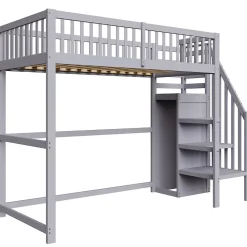 Lit Mezzanine enfant 90x200 cm avec Rangement, Escalier et Petit Dressing Intégré Bois Gris, Multifonction pour Chambre Ado, Gris