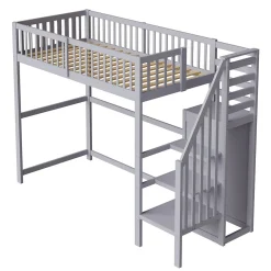 Lit Mezzanine enfant 90x200 cm avec Rangement, Escalier et Petit Dressing Intégré Bois Gris, Multifonction pour Chambre Ado, Gris