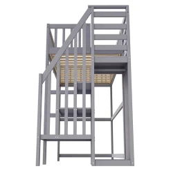 Lit Mezzanine enfant 90x200 cm avec Rangement, Escalier et Petit Dressing Intégré Bois Gris, Multifonction pour Chambre Ado, Gris
