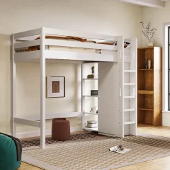 Lit Mezzanine Enfant 90x200 cm - Lit avec Armoire et 6 Étagères, Bois Massif et Panneaux E1, Blanc