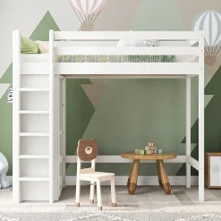 Lit Mezzanine Enfant 90x200 cm - Lit avec Armoire et 6 Étagères, Bois Massif et Panneaux E1, Blanc