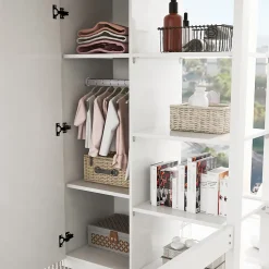 Lit Mezzanine Enfant 90x200 cm - Lit avec Armoire et 6 Étagères, Bois Massif et Panneaux E1, Blanc