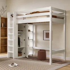 Lit Mezzanine Enfant 90x200 cm - Lit avec Armoire et 6 Étagères, Bois Massif et Panneaux E1, Blanc