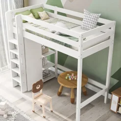 Lit Mezzanine Enfant 90x200 cm - Lit avec Armoire et 6 Étagères, Bois Massif et Panneaux E1, Blanc