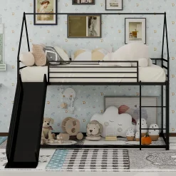 Lit Mezzanine Enfant 90x190 cm - Lit Maison avec Toboggan et Échelle, Métal Noir, Sans Matelas
