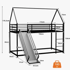 Lit Mezzanine Enfant 90x190 cm - Lit Maison avec Toboggan et Échelle, Métal Noir, Sans Matelas