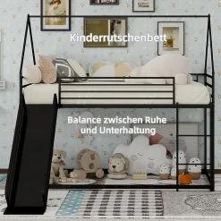 Lit Mezzanine Enfant 90x190 cm - Lit Maison avec Toboggan et Échelle, Métal Noir, Sans Matelas