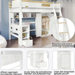 Lit Mezzanine enfant 90x200 cm Bois avec Bureau, Échelle à Niveaux, Protection Anti-Chute, Rangement, Blanc/Naturel, Sans Matelas