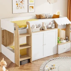 Lit Mezzanine enfant 90x200 cm avec Échelle et Rangement Ouvert - Bois Massif Naturel et Blanc, Sans Matelas