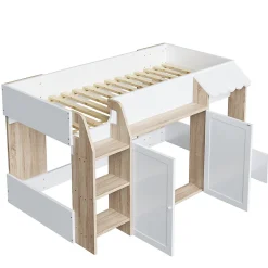 Lit Mezzanine enfant 90x200 cm avec Échelle et Rangement Ouvert - Bois Massif Naturel et Blanc, Sans Matelas