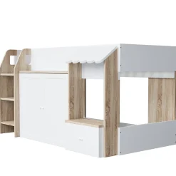Lit Mezzanine enfant 90x200 cm avec Échelle et Rangement Ouvert - Bois Massif Naturel et Blanc, Sans Matelas