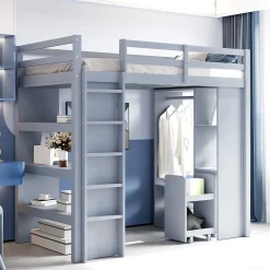 Lit Mezzanine enfant 90x200 cm en Bois Gris avec Étagères, Porte-Vêtements & Chariot de Rangement Amovible - Multifonction - Gris