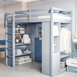 Lit Mezzanine enfant 90x200 cm en Bois Gris avec Étagères, Porte-Vêtements & Chariot de Rangement Amovible - Multifonction - Gris