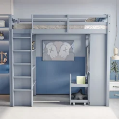 Lit Mezzanine enfant 90x200 cm en Bois Gris avec Étagères, Porte-Vêtements & Chariot de Rangement Amovible - Multifonction - Gris