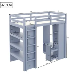 Lit Mezzanine enfant 90x200 cm en Bois Gris avec Étagères, Porte-Vêtements & Chariot de Rangement Amovible - Multifonction - Gris