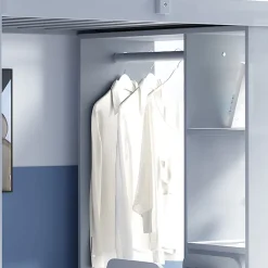 Lit Mezzanine enfant 90x200 cm en Bois Gris avec Étagères, Porte-Vêtements & Chariot de Rangement Amovible - Multifonction - Gris