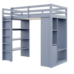 Lit Mezzanine enfant 90x200 cm en Bois Gris avec Étagères, Porte-Vêtements & Chariot de Rangement Amovible - Multifonction - Gris