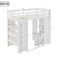 Lit Mezzanine enfant 90x200 cm en Bois avec Étagères, Porte-Vêtements & Chariot de Rangement Amovible - Multifonction - Blanc