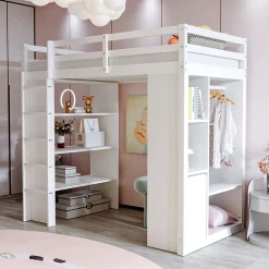 Lit Mezzanine enfant 90x200 cm en Bois avec Étagères, Porte-Vêtements & Chariot de Rangement Amovible - Multifonction - Blanc