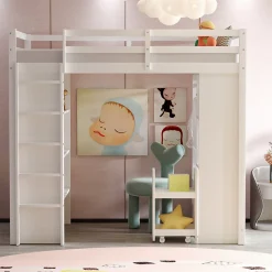 Lit Mezzanine enfant 90x200 cm en Bois avec Étagères, Porte-Vêtements & Chariot de Rangement Amovible - Multifonction - Blanc