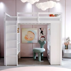 Lit Mezzanine enfant 90x200 cm en Bois avec Étagères, Porte-Vêtements & Chariot de Rangement Amovible - Multifonction - Blanc