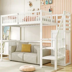 Lit Mezzanine enfant 90x200 cm avec Rangement, Escalier et Petit Dressing Intégré, Multifonction pour Chambre Ado, Blanc