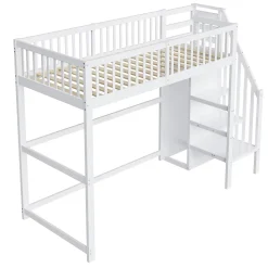 Lit Mezzanine enfant 90x200 cm avec Rangement, Escalier et Petit Dressing Intégré, Multifonction pour Chambre Ado, Blanc