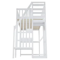 Lit Mezzanine enfant 90x200 cm avec Rangement, Escalier et Petit Dressing Intégré, Multifonction pour Chambre Ado, Blanc