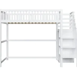 Lit Mezzanine enfant 90x200 cm avec Rangement, Escalier et Petit Dressing Intégré, Multifonction pour Chambre Ado, Blanc