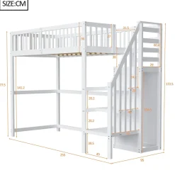 Lit Mezzanine enfant 90x200 cm avec Rangement, Escalier et Petit Dressing Intégré, Multifonction pour Chambre Ado, Blanc