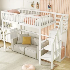 Lit Mezzanine enfant 90x200 cm avec Rangement, Escalier et Petit Dressing Intégré, Multifonction pour Chambre Ado, Blanc