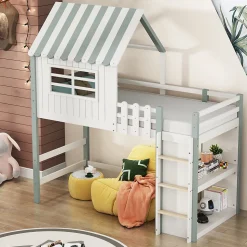 Lit Mezzanine enfant 90x200 cm - Lit Cabane avec Échelle de Sécurité, Rangement Intégré, Bois Massif MDF, Vert, Sans Matelas