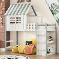 Lit Mezzanine enfant 90x200 cm - Lit Cabane avec Échelle de Sécurité, Rangement Intégré, Bois Massif MDF, Vert, Sans Matelas