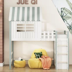Lit Mezzanine enfant 90x200 cm - Lit Cabane avec Échelle de Sécurité, Rangement Intégré, Bois Massif MDF, Vert, Sans Matelas
