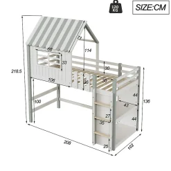 Lit Mezzanine enfant 90x200 cm - Lit Cabane avec Échelle de Sécurité, Rangement Intégré, Bois Massif MDF, Vert, Sans Matelas