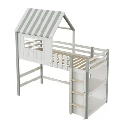 Lit Mezzanine enfant 90x200 cm - Lit Cabane avec Échelle de Sécurité, Rangement Intégré, Bois Massif MDF, Vert, Sans Matelas