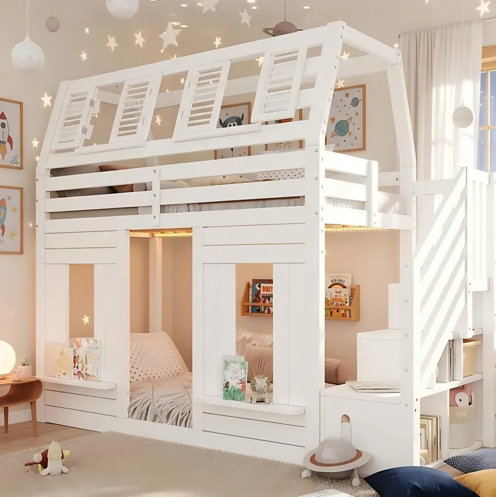 Lit mezzanine enfant 90x200cm avec LED - Barrières de sécurité et échelle de rangement - MDF + Bois massif - Blanc (sans matelas)