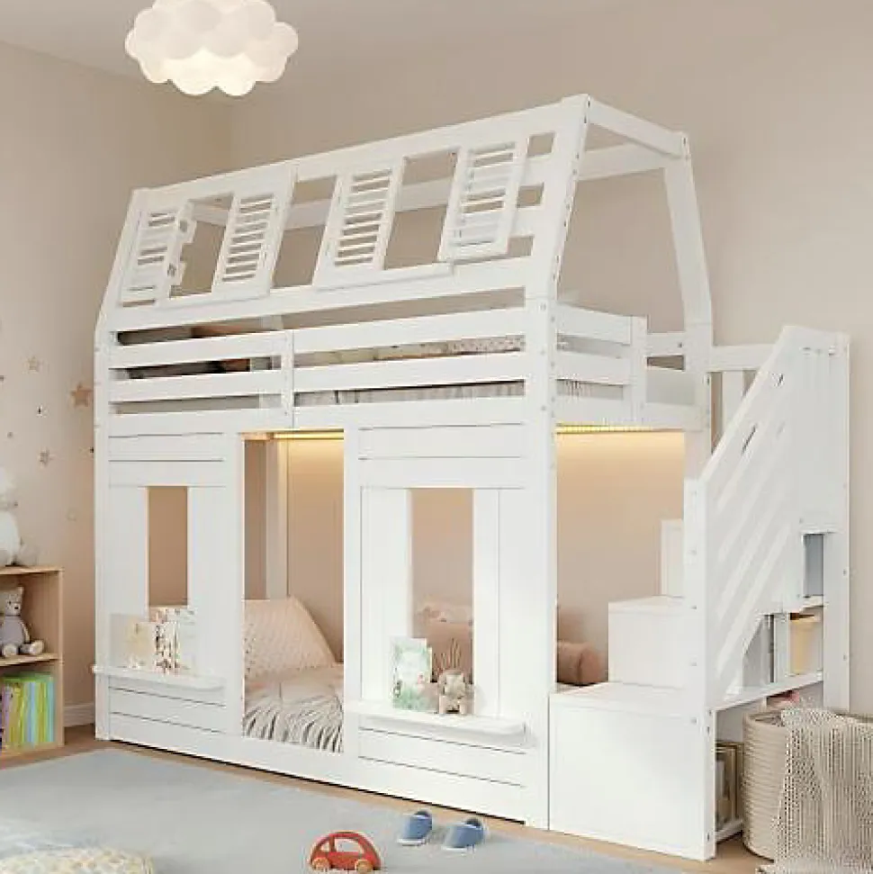 Lit mezzanine enfant 90x200cm avec LED - Barrières de sécurité et échelle de rangement - MDF + Bois massif - Blanc (sans matelas)