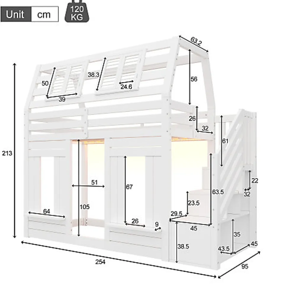 Lit mezzanine enfant 90x200cm avec LED - Barrières de sécurité et échelle de rangement - MDF + Bois massif - Blanc (sans matelas)