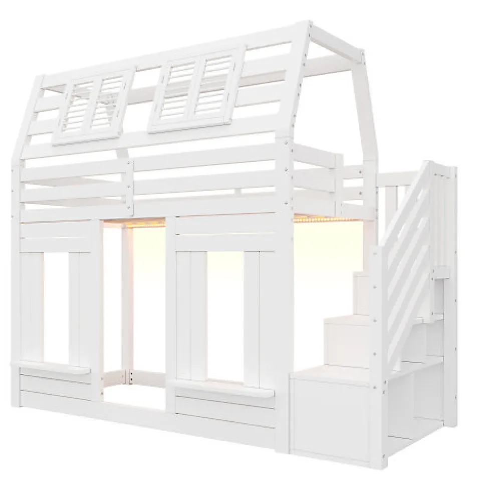 Lit mezzanine enfant 90x200cm avec LED - Barrières de sécurité et échelle de rangement - MDF + Bois massif - Blanc (sans matelas)
