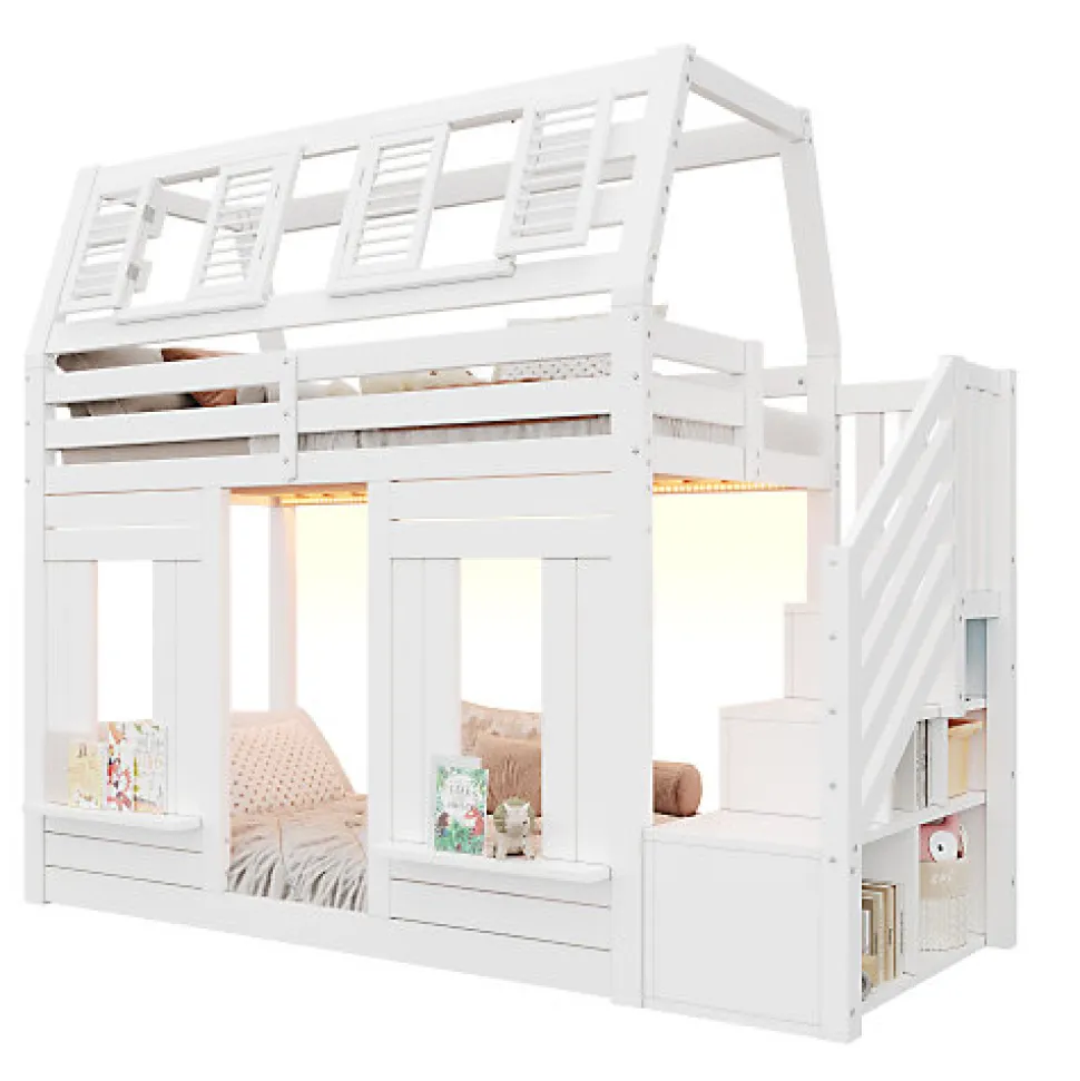 Lit mezzanine enfant 90x200cm avec LED - Barrières de sécurité et échelle de rangement - MDF + Bois massif - Blanc (sans matelas)