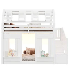 Lit mezzanine enfant 90x200cm avec LED - Barrières de sécurité et échelle de rangement - MDF + Bois massif - Blanc (sans matelas)