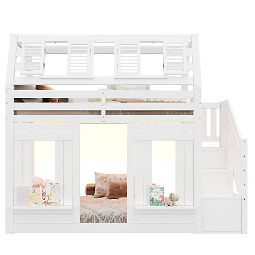 Lit mezzanine enfant 90x200cm avec LED - Barrières de sécurité et échelle de rangement - MDF + Bois massif - Blanc (sans matelas)