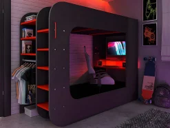 Lit mezzanine gamer 90 x 200 cm - Avec bureau et rangements - Avec LEDs - Anthracite et rouge - WARRIOR