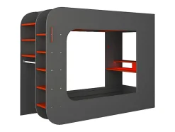 Lit mezzanine gamer 90 x 200 cm - Avec bureau et rangements - Avec LEDs - Anthracite et rouge - WARRIOR