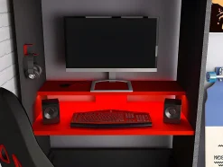 Lit mezzanine gamer 90 x 200 cm - Avec bureau et rangements - Avec LEDs - Anthracite et rouge - WARRIOR