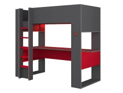 Lit mezzanine gamer NOAH avec bureau et rangements intégrés - 90 x 200 cm - Avec LEDs - Anthracite et rouge + matelas