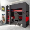 Lit mezzanine gamer NOAH avec bureau et rangements intégrés - 90 x 200 cm - Avec LEDs - Anthracite et rouge