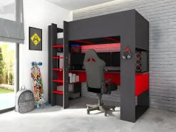 Lit mezzanine gamer NOAH avec bureau et rangements intégrés - 90 x 200 cm - Avec LEDs - Anthracite et rouge